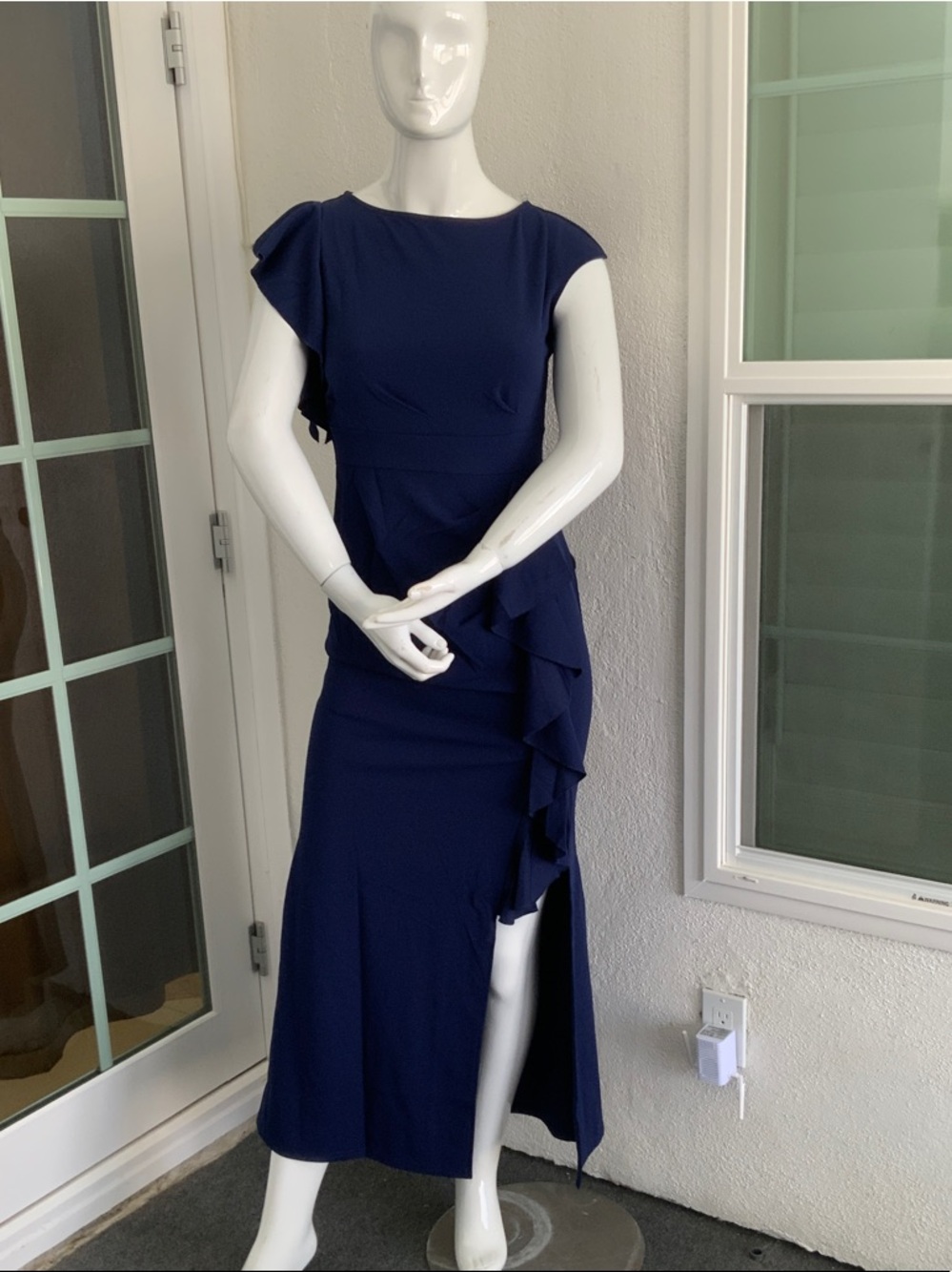 Navy Blue High-Low Ruffle Midi Dress